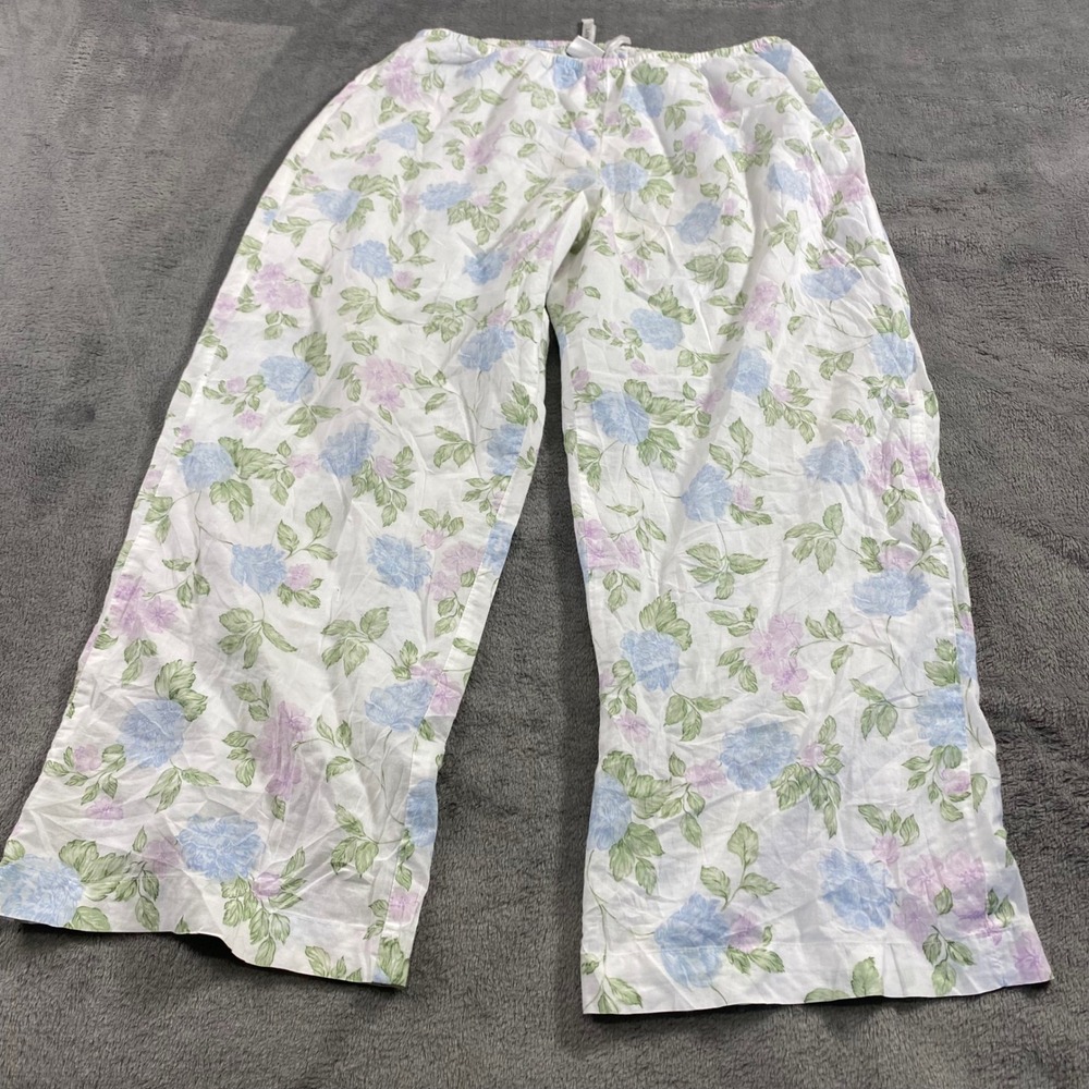 Laura Ashley Womens Pajama Pants Medium Floral Print White Blue Pink Cotton